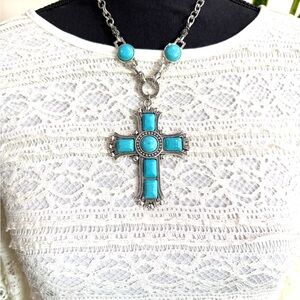Turquoise and Silver Cross Pendant Necklace